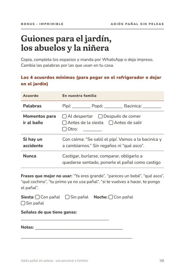 Página del bonus “Guiones para el jardín, los abuelos y la niñera”.